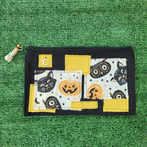 Handmade Black Canvas Zippered Bag with Patchwork Halloween Design - Picture 1 of 3